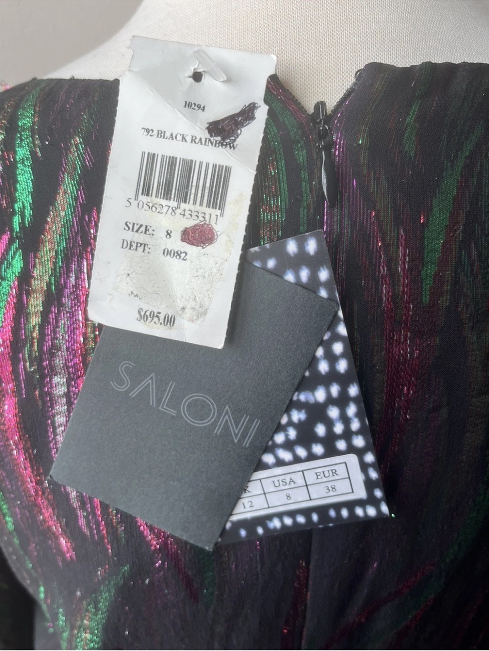 Saloni Alya Black Rainbow Jacquard Metallic Ruffle Midi Dress US 8 UK 12 Medium - Picture 10 of 10